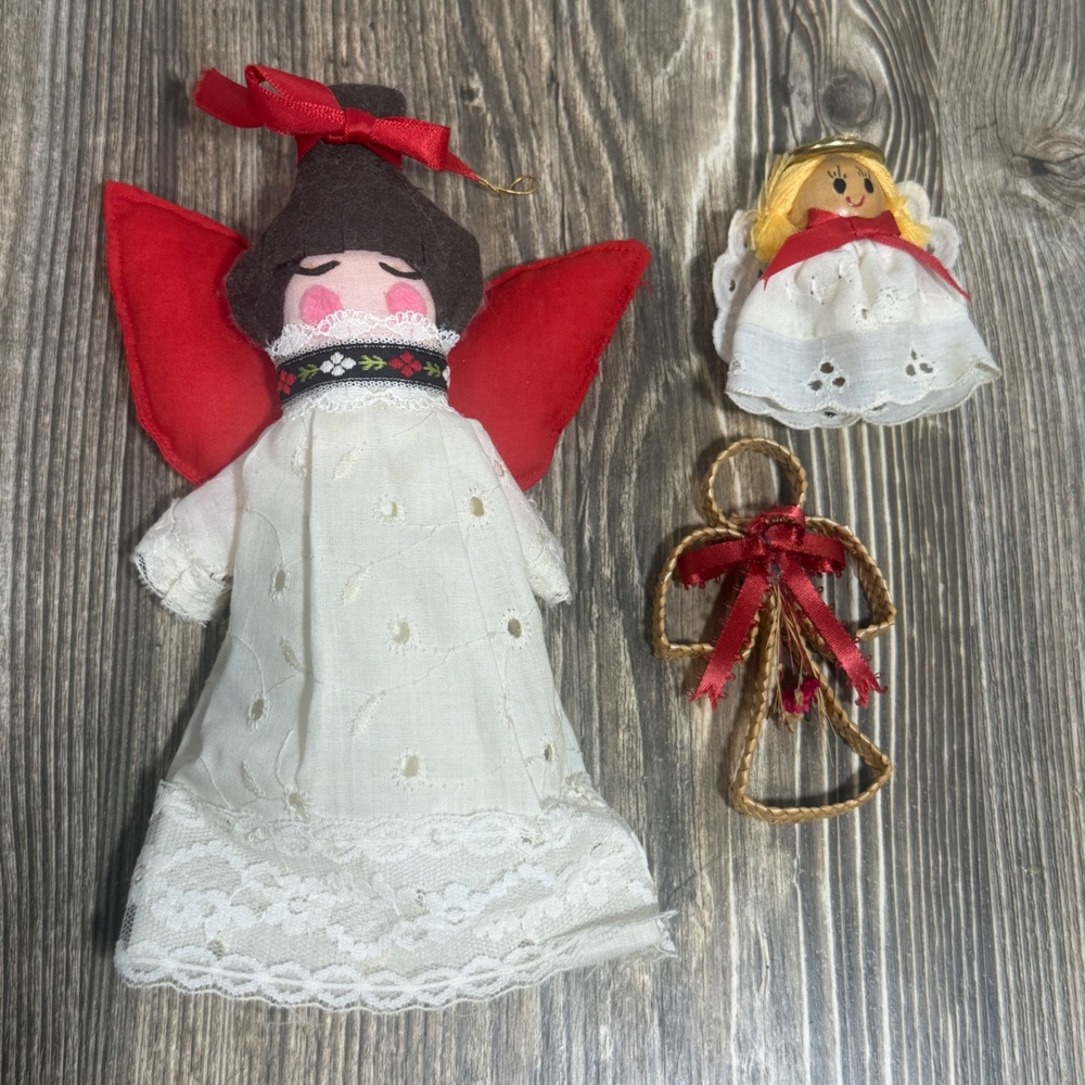 Vintage Angel Ornament Set 3pc Fabric Lace Woven Straw Christmas Folk‎ Art Decor